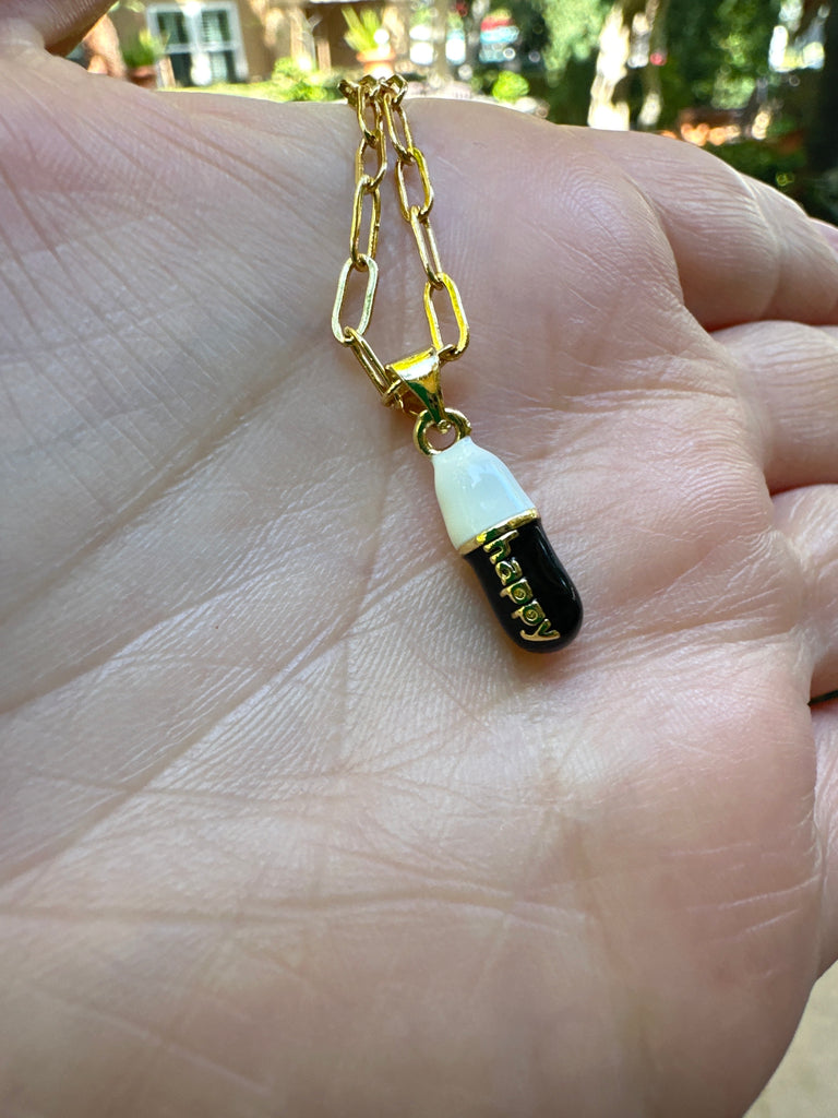 24k Gold Filled HAPPY LOVE CHILL Pill Paper Clip Necklace