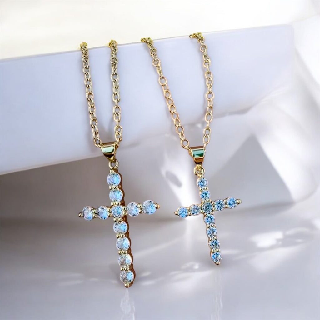 18k Gold Plated Micro Pave Cross Chain Link Necklace