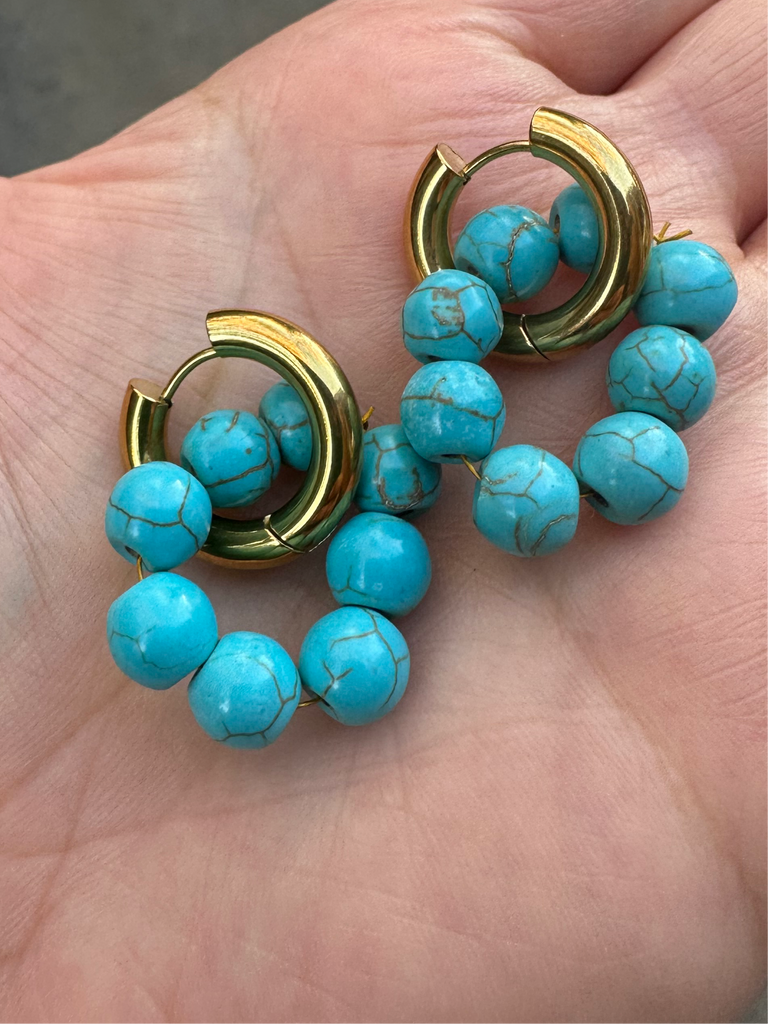 Round Turquoise Gold Huggies