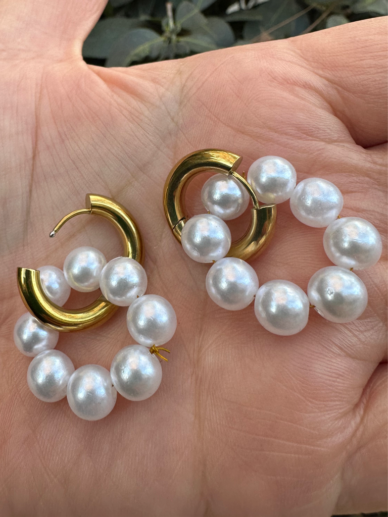 Round Pearl Gold Huggie Earrings