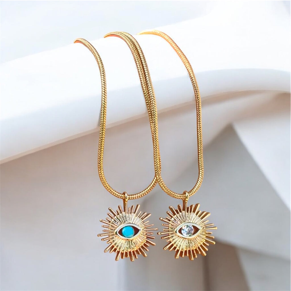 Evil Eye Snake Chain Sunburst Charm Necklace