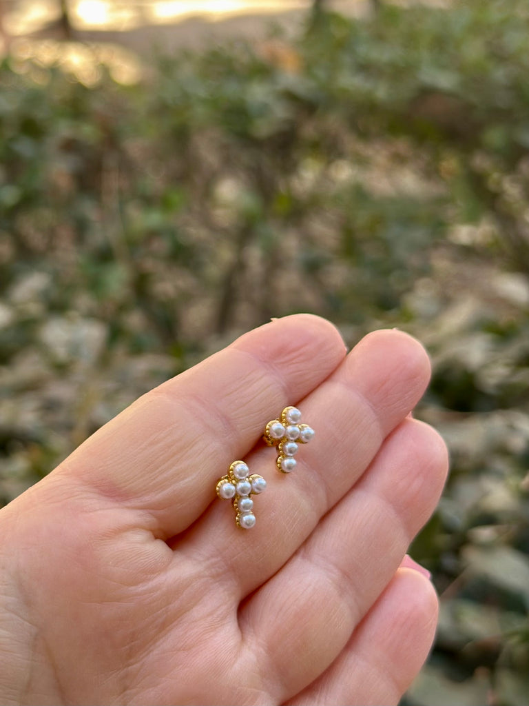 Pearl Cross Stud Earrings