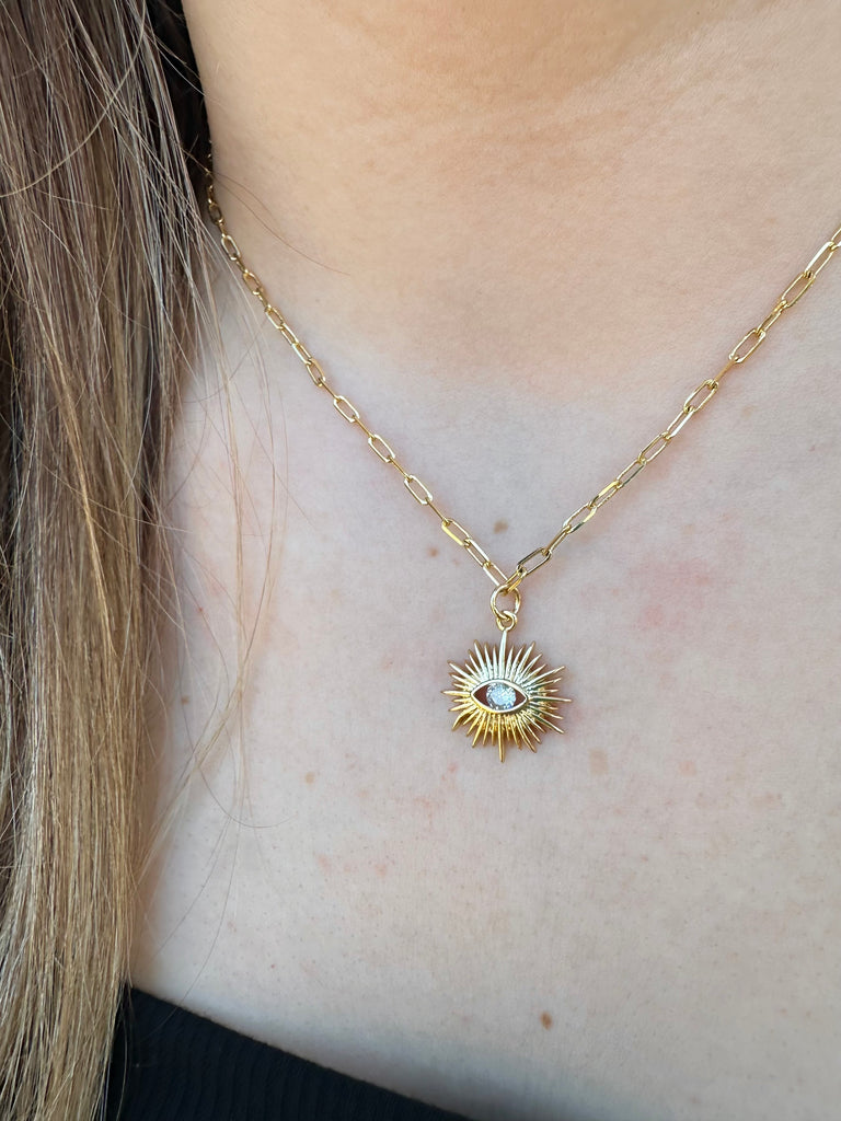 Large Clear Sunburst Gold plated Paperclip chain Necklace