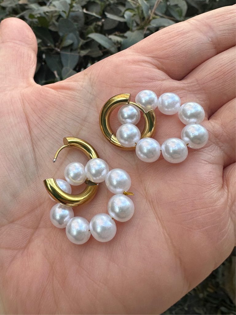 Round Pearl Gold Huggie Earrings