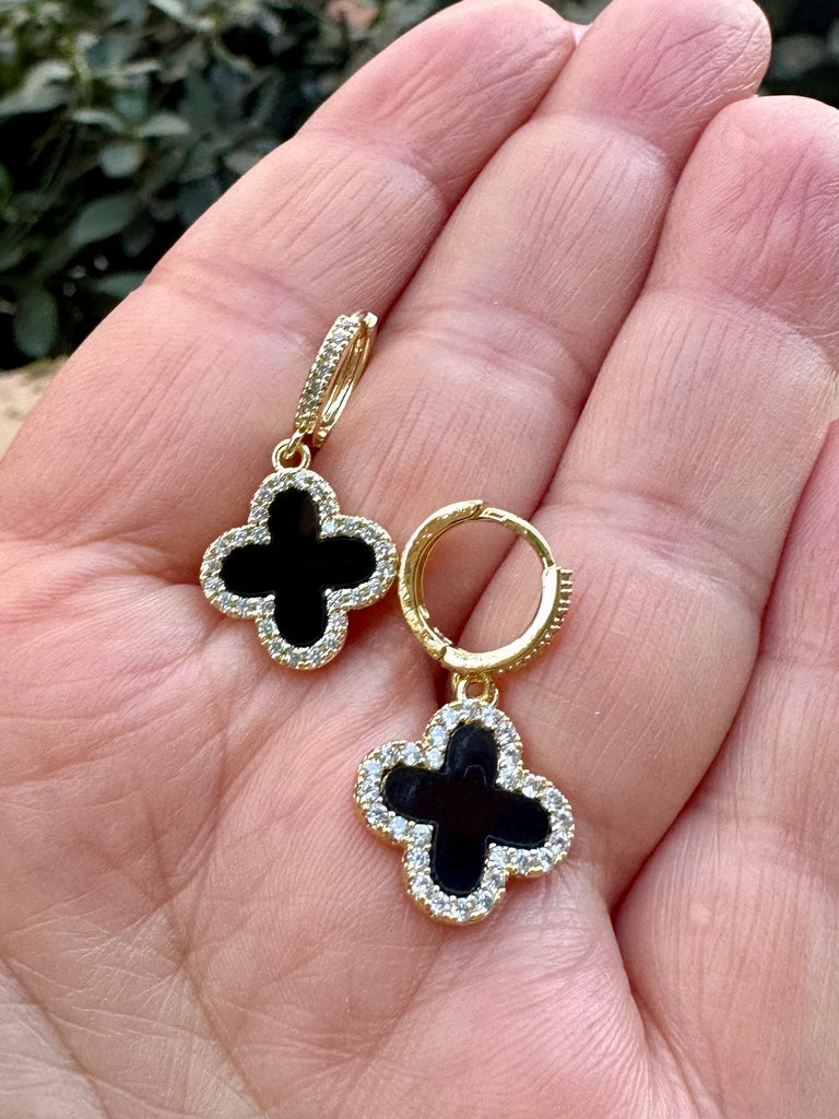 Black Onyx Clover CZ dangle Earrings