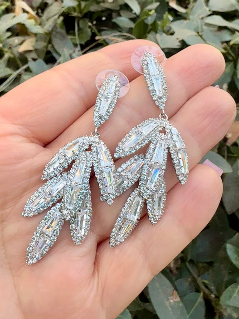 CZ Leaf Baguette drop Earrings