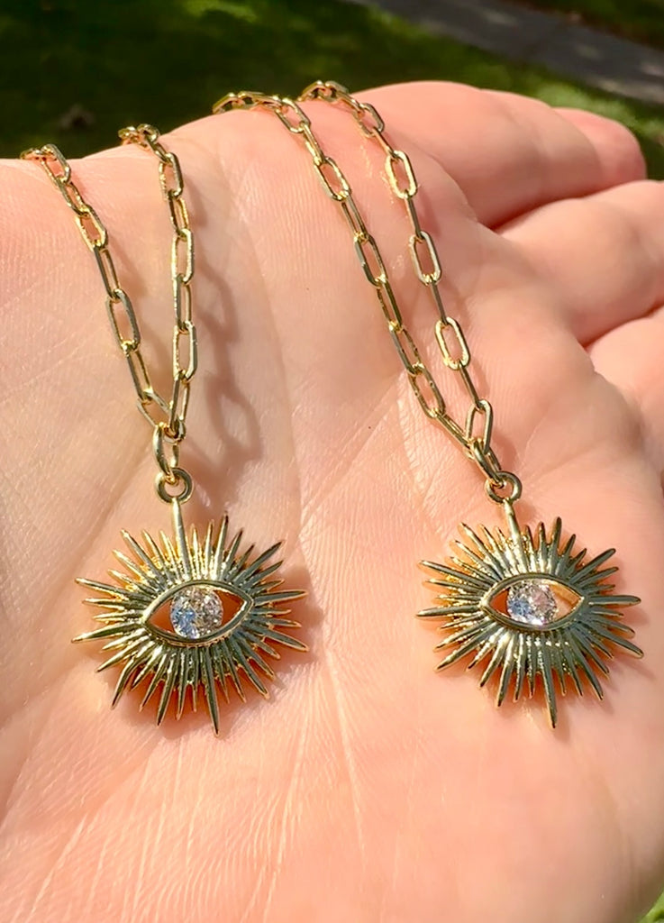 Large Clear Sunburst Gold plated Paperclip chain Necklace