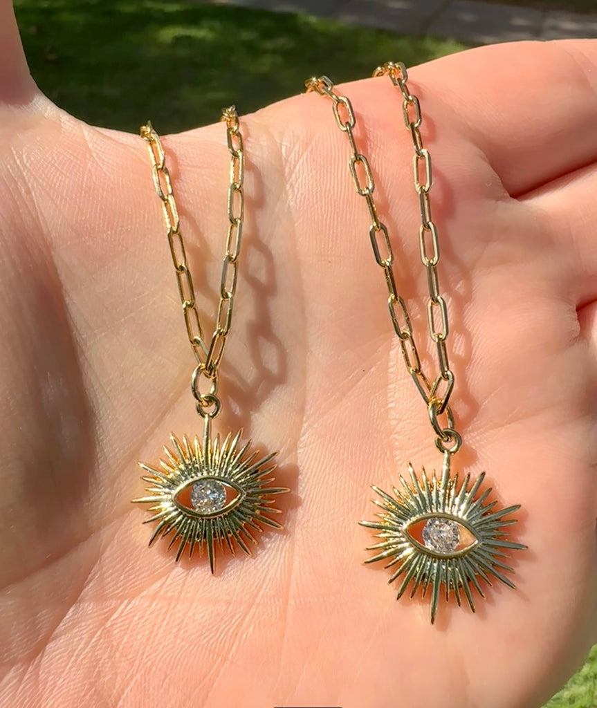 Large Clear Sunburst Gold plated Paperclip chain Necklace