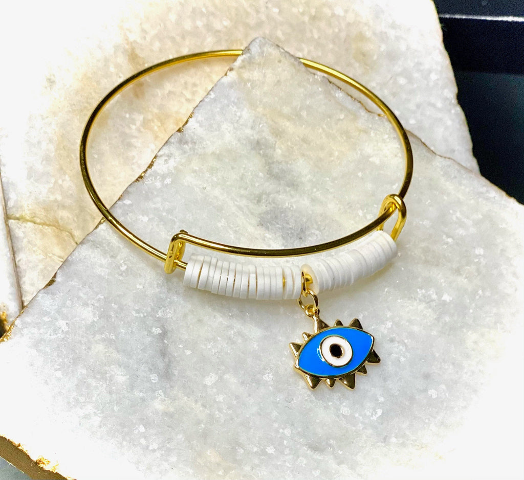 Evil Eye Protector Gold Charm Bracelet blue and white