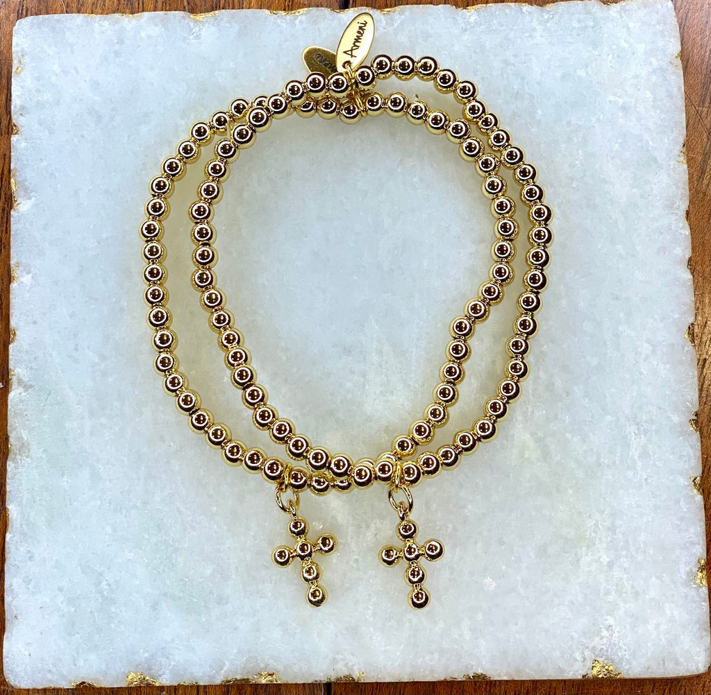 Gold Plated Cross Charm ball bead chain stretch bracelet
