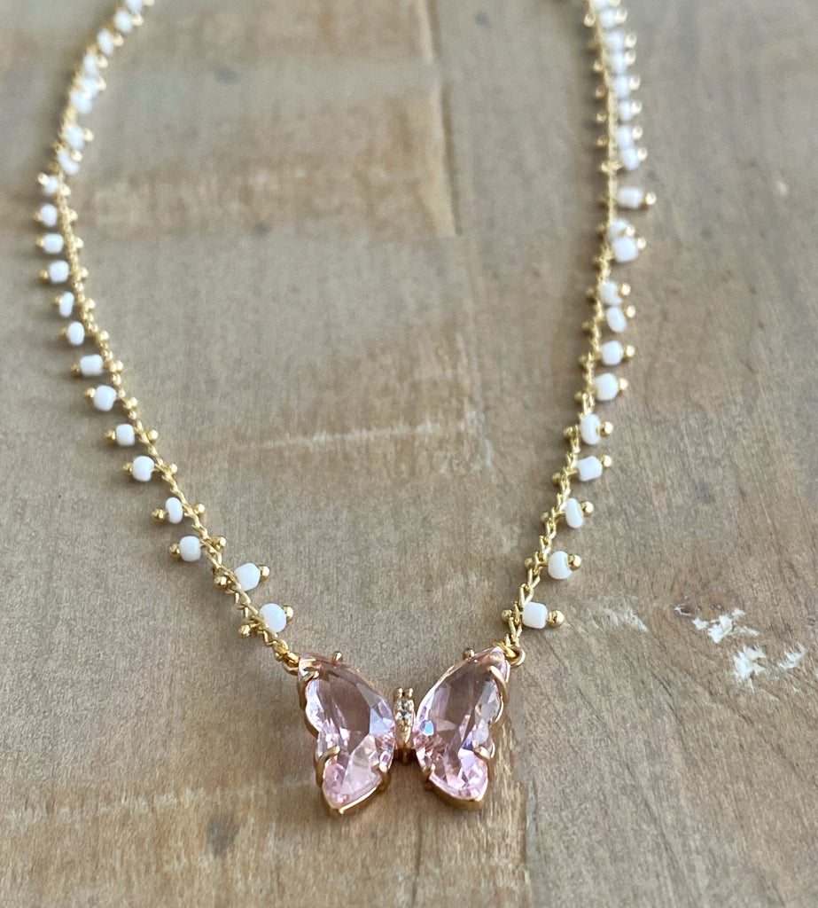 White & Gold bead Butterfly Chain Necklace