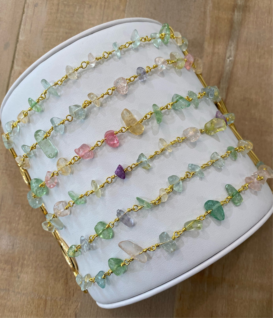 Athena- the Multicolor Crystal Chips Beaded Gold chain Toggle Bracelet