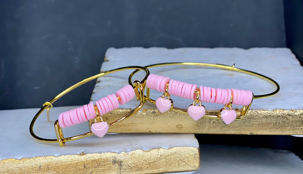 MOMMY & ME Love Heart Pink Gold Bangle Bracelet Set!