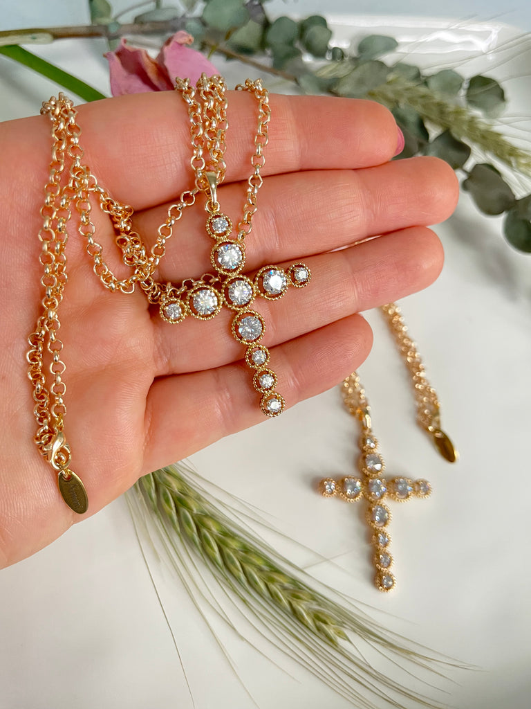 Large Cross Gold Filled Crystal CZ Necklace