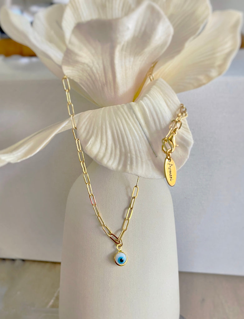 24k Shiny Gold Plated Evil Eye Paperclip Chain Necklace