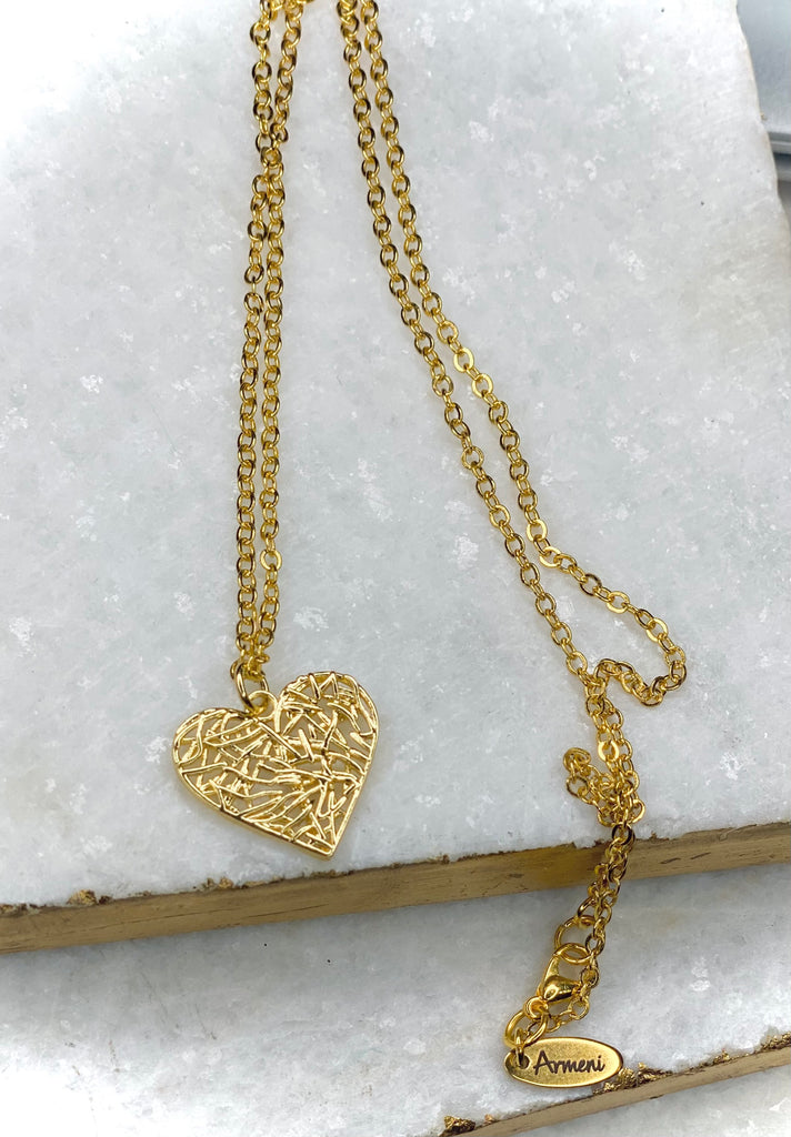 24k Gold Patterned Heart Charm Necklace
