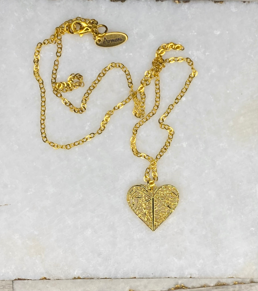 24k Gold Patterned Heart Charm Necklace