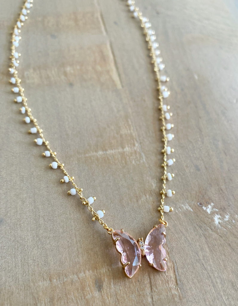 White & Gold bead Butterfly Chain Necklace