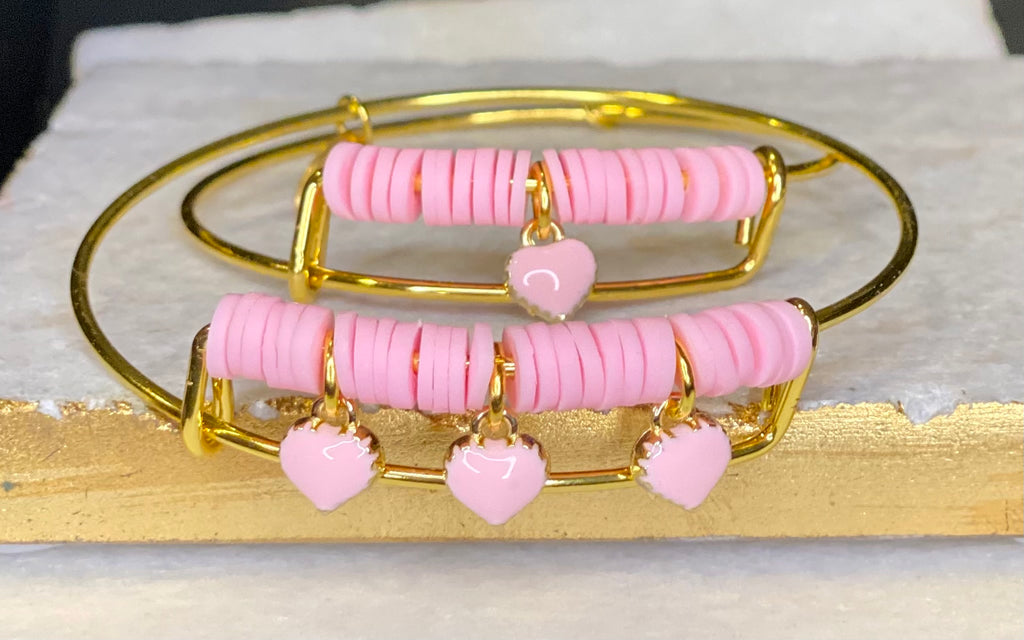 MOMMY & ME Love Heart Pink Gold Bangle Bracelet Set!