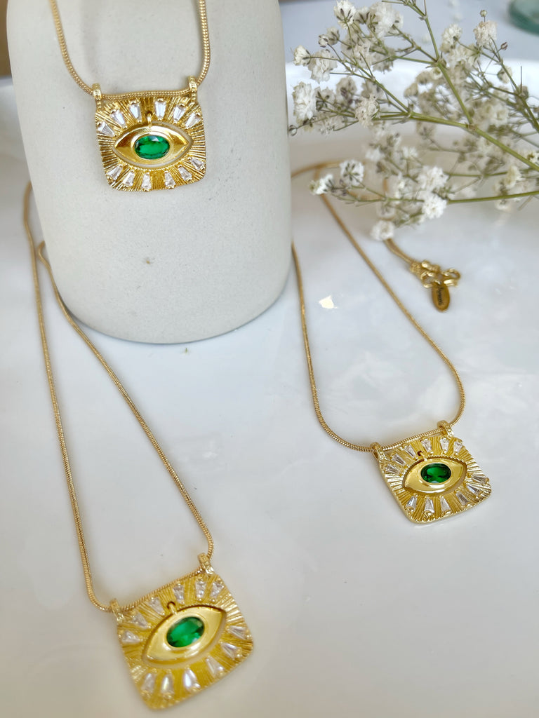 18k Gold Filled Green Evil Eye Snake Chain Necklace