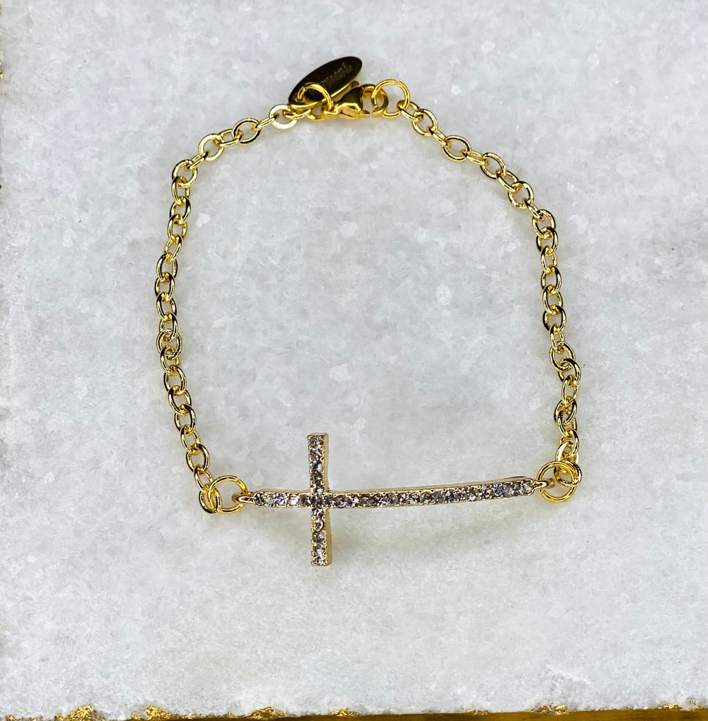 14k gold plated Curved Rhinestone Cross Gold bracelet