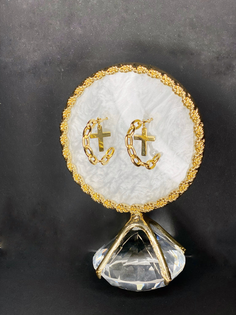 18k Gold Plated Paper Clip Chain Hoop Cross charm earrings