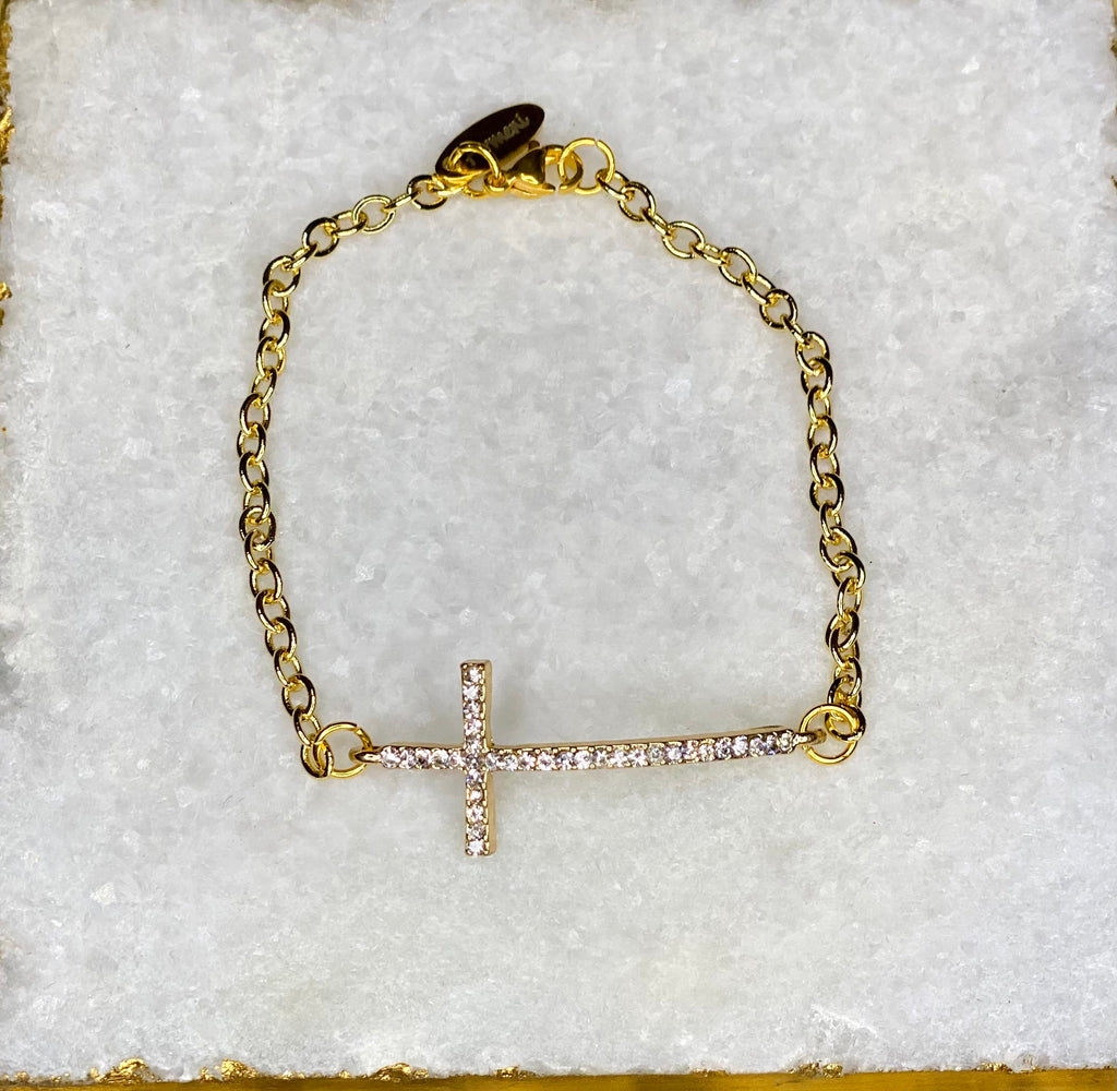14k gold plated Curved Rhinestone Cross Gold bracelet