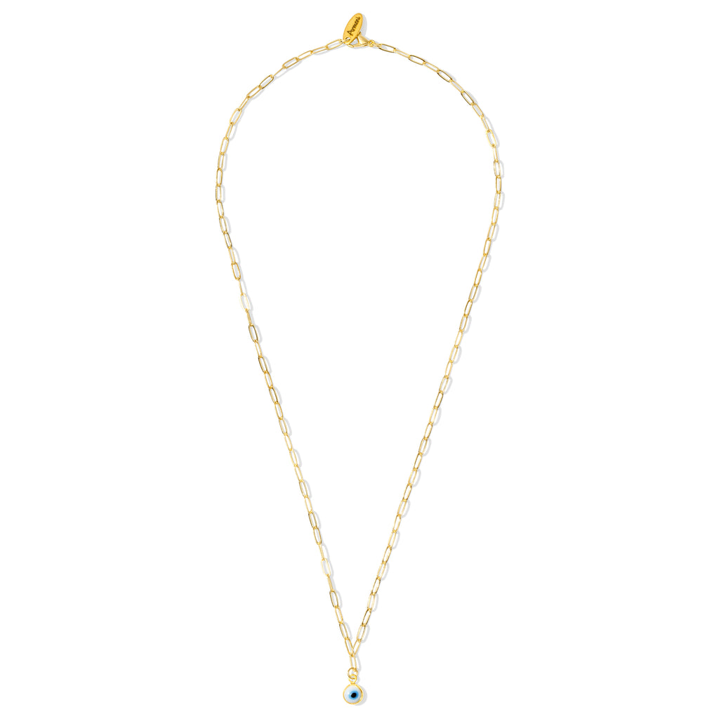 24k Shiny Gold Plated Evil Eye Paperclip Chain Necklace