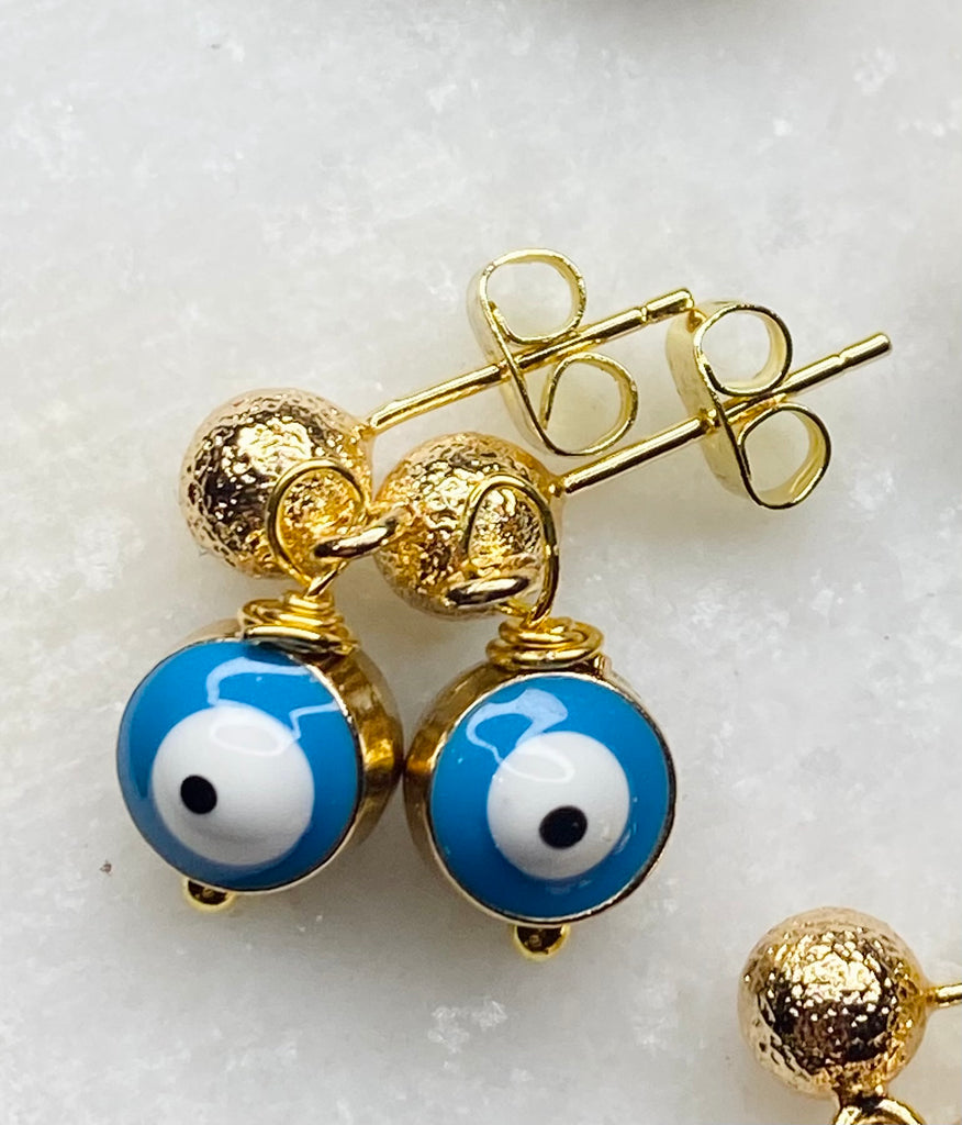 18k Gold Plated Evil Eye Dangle Drop Protector Ball Stud Earrings