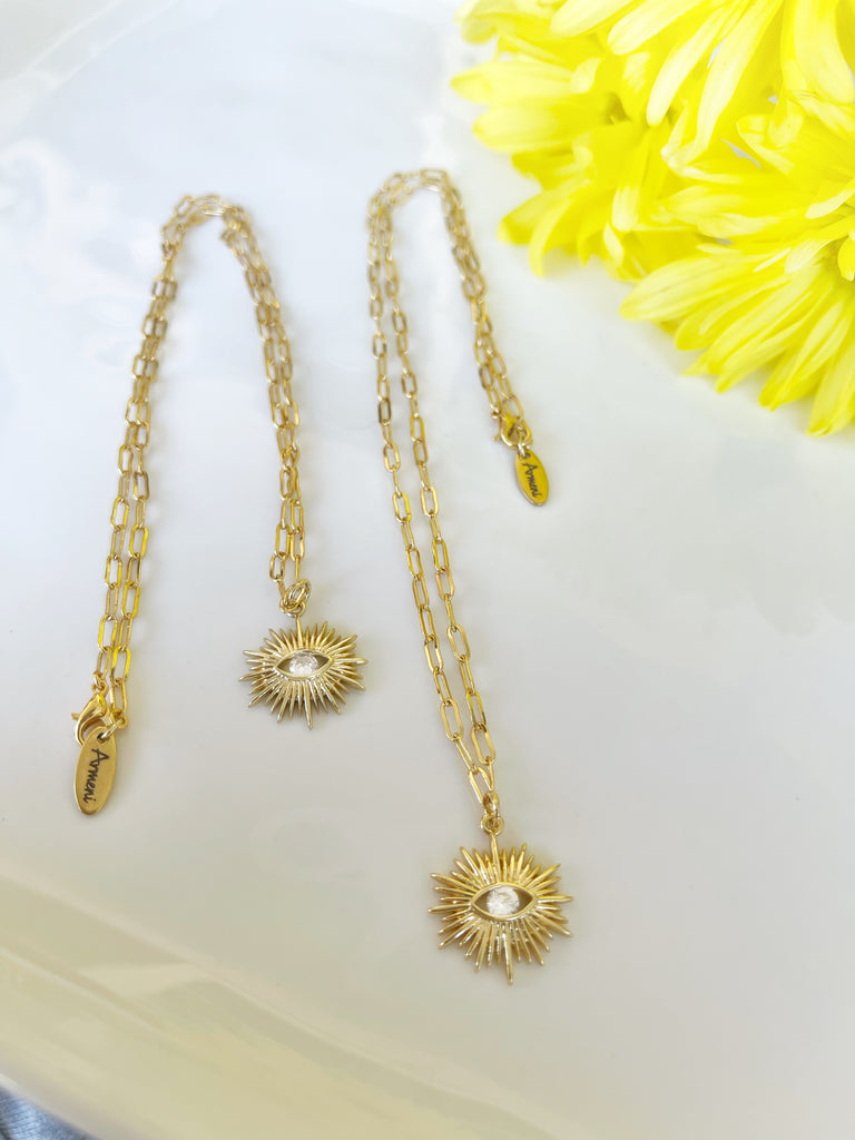 Large Clear Sunburst Gold plated Paperclip chain Necklace