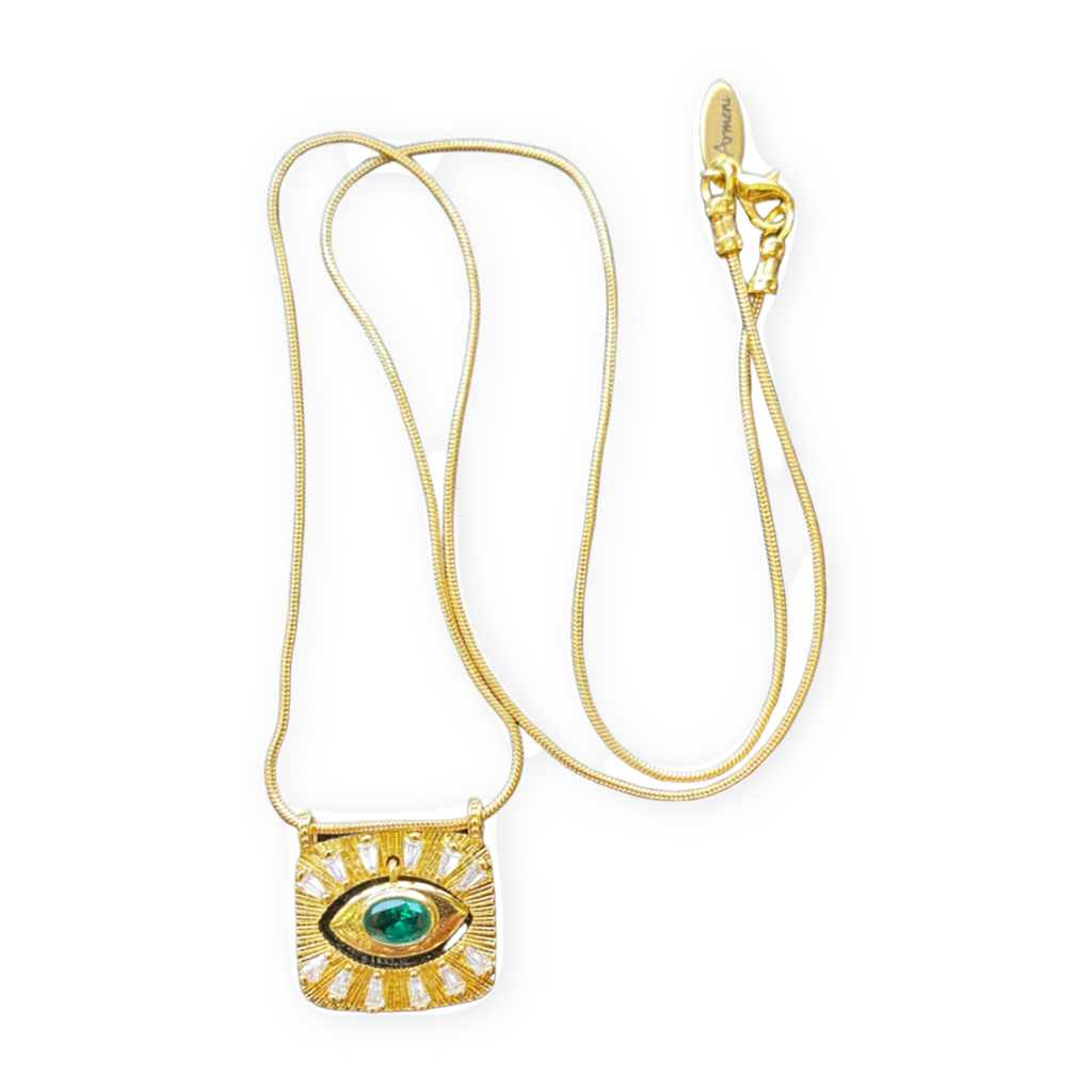 18k Gold Filled Green Evil Eye Snake Chain Necklace