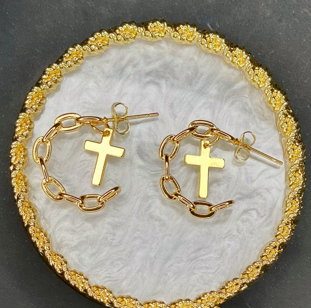 18k Gold Plated Paper Clip Chain Hoop Cross charm earrings